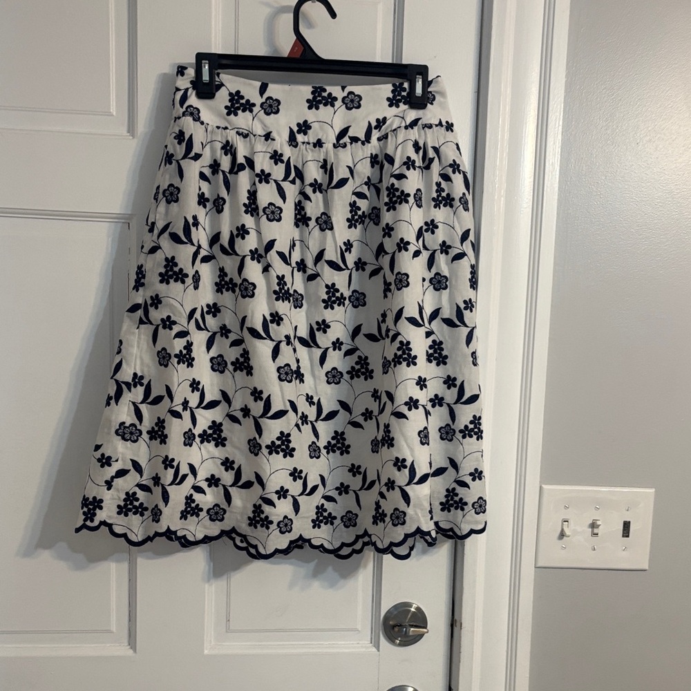 White Midi Skirt with Black Floral Embroidery